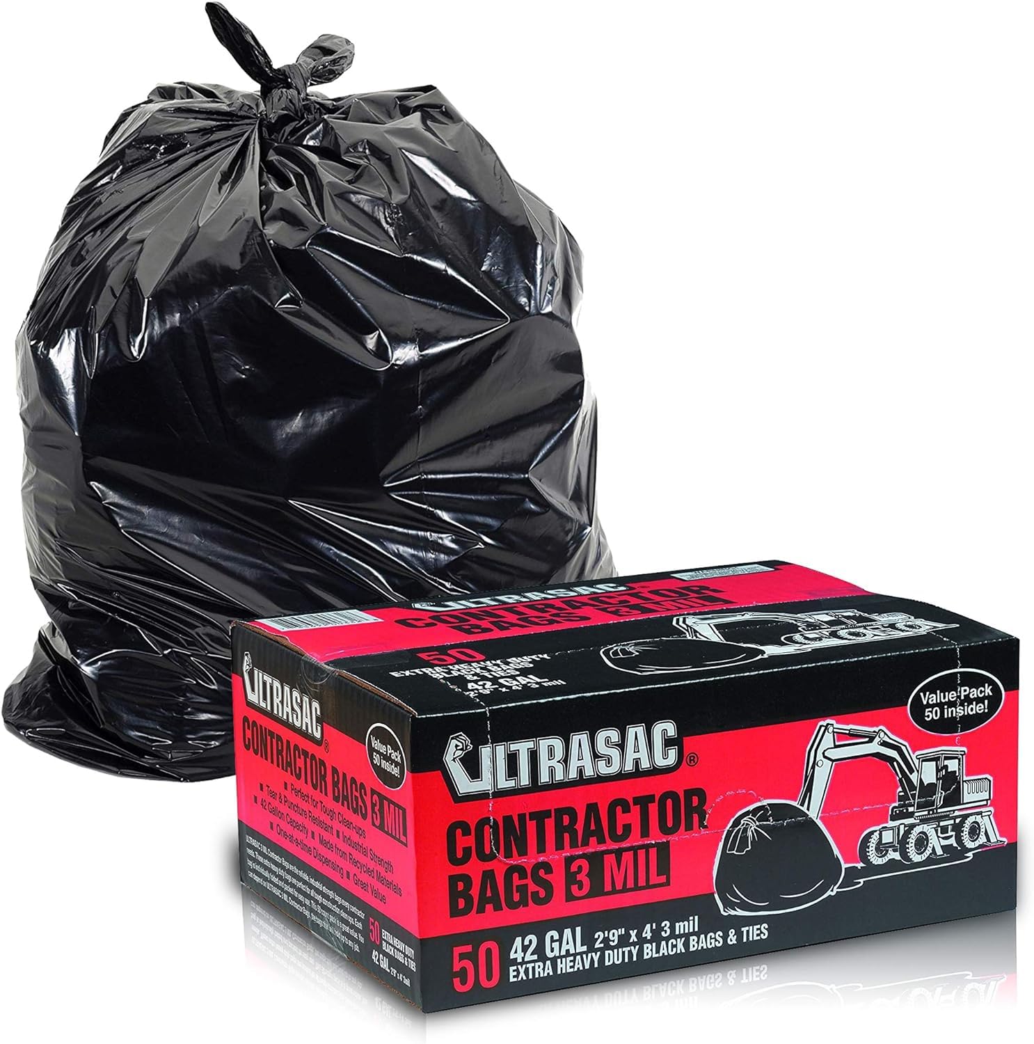 Photo 1 of Ultrasac Heavy Duty Contractor Bags (VALUE 50 PACK/w TIES), 42 Gallon, 32.75" X 47" - 3 MIL Thick Large Black Industrial Garbage Trashbags for Construction and Commercial use