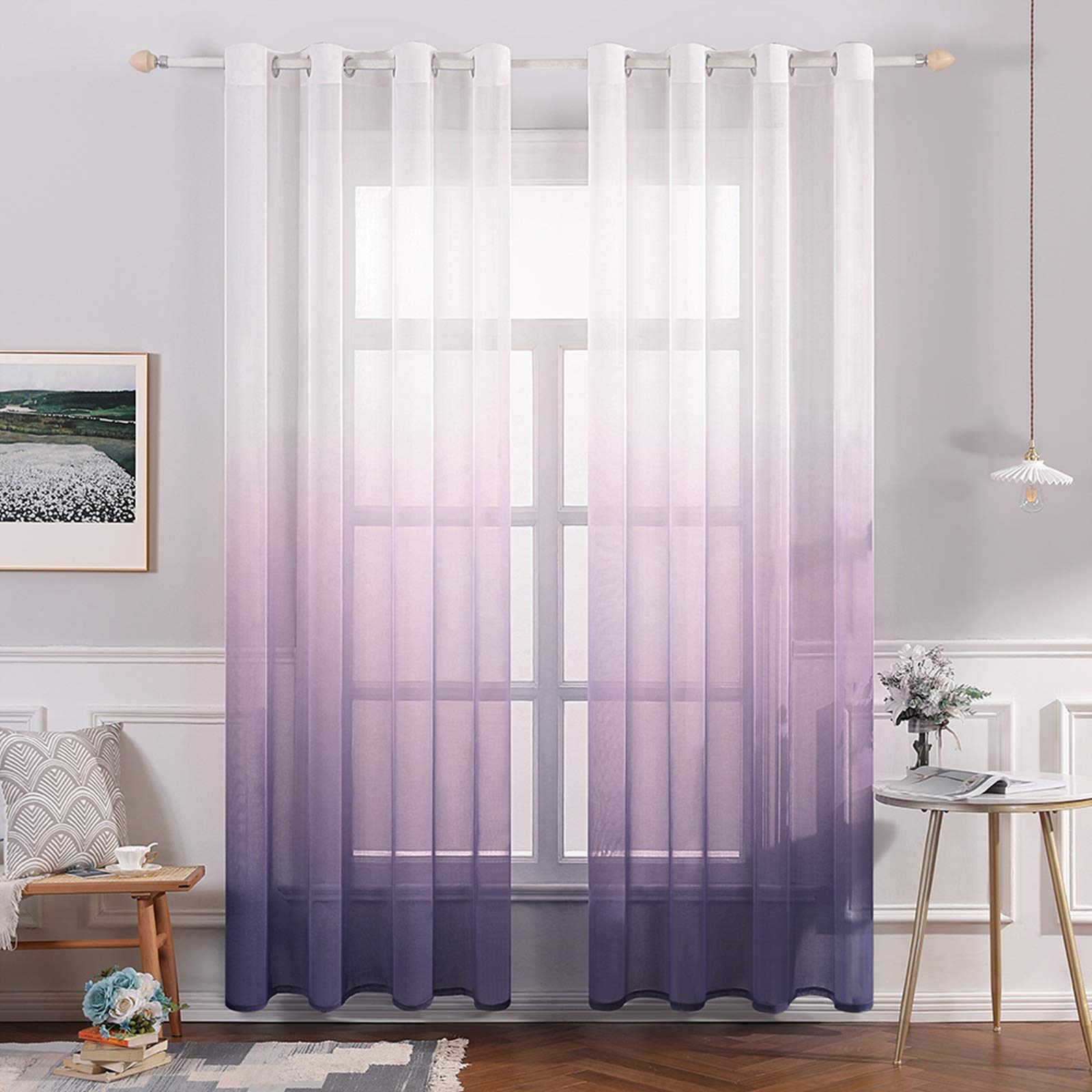 MIULEE Set of 2 Gradient Voile Curtains with Eyelets, Window Mosquito Net in Polyester Colour Changed Half Transparent Shade for Living Room, Bedroom, Office, 140 x 260 cm (L x H) Purple