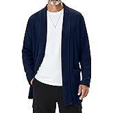 August Alley Men's Shawl Collar Cardigan Sweater Open Front Waffle Textured Knit Long Casual Cardigan with Pockets