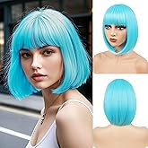 BATISI Teal Bob Wig for Women Short Bob Straight Wigs Flat Bangs Synthetic Costume Cosplay Daily Party Neon Wig 12 Inch