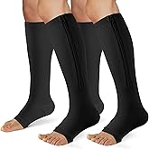 FOFLORA Zipper Compression Socks for Women & Men 2 Pairs,15-20mmhg Open Toe Compression Stockings for Nurse and Long Standing Crowd