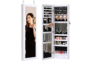 Zibbizo Jewelry Organizer Cabinet, 47.2-Inch Lockable Jewelry Armoire with Full-Length Mirror, Wall or Door-Mounted, Large Storage with 6 LEDs, 3.85" D x 14.25" W x 47.24" H, White