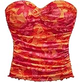 WDIRARA Women's Floral Mesh Tube Top Strapless Ruched Bandeau Summer Vacation Crop Tops
