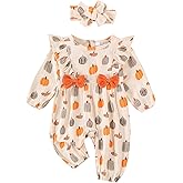 Lenjindjer Newborn Baby Girl Halloween Clothes Puff Sleeve Cotton Linen Ruffle Pumpkin Print Jumpsuit Fall One Piece Outfits