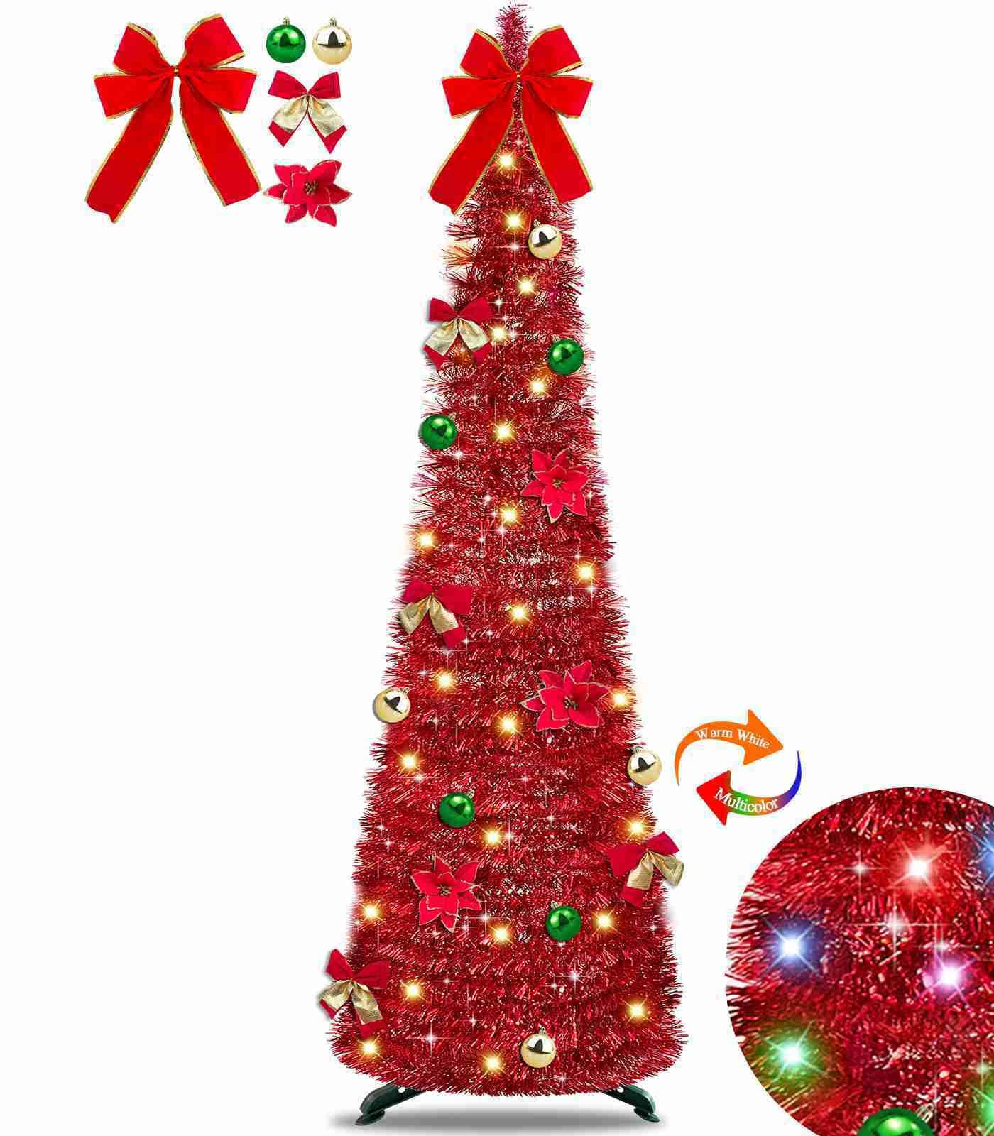 Photo 1 of [ Timer ] 5 Ft Red Pop Up Christmas Tinsel Tree with 50 LED Warm White&Color Light 37 DIY Ornaments Xmas Balls Bow Poinsettia Battery Operated Collapsible Pencil Tree Christmas Decor for Indoor Home