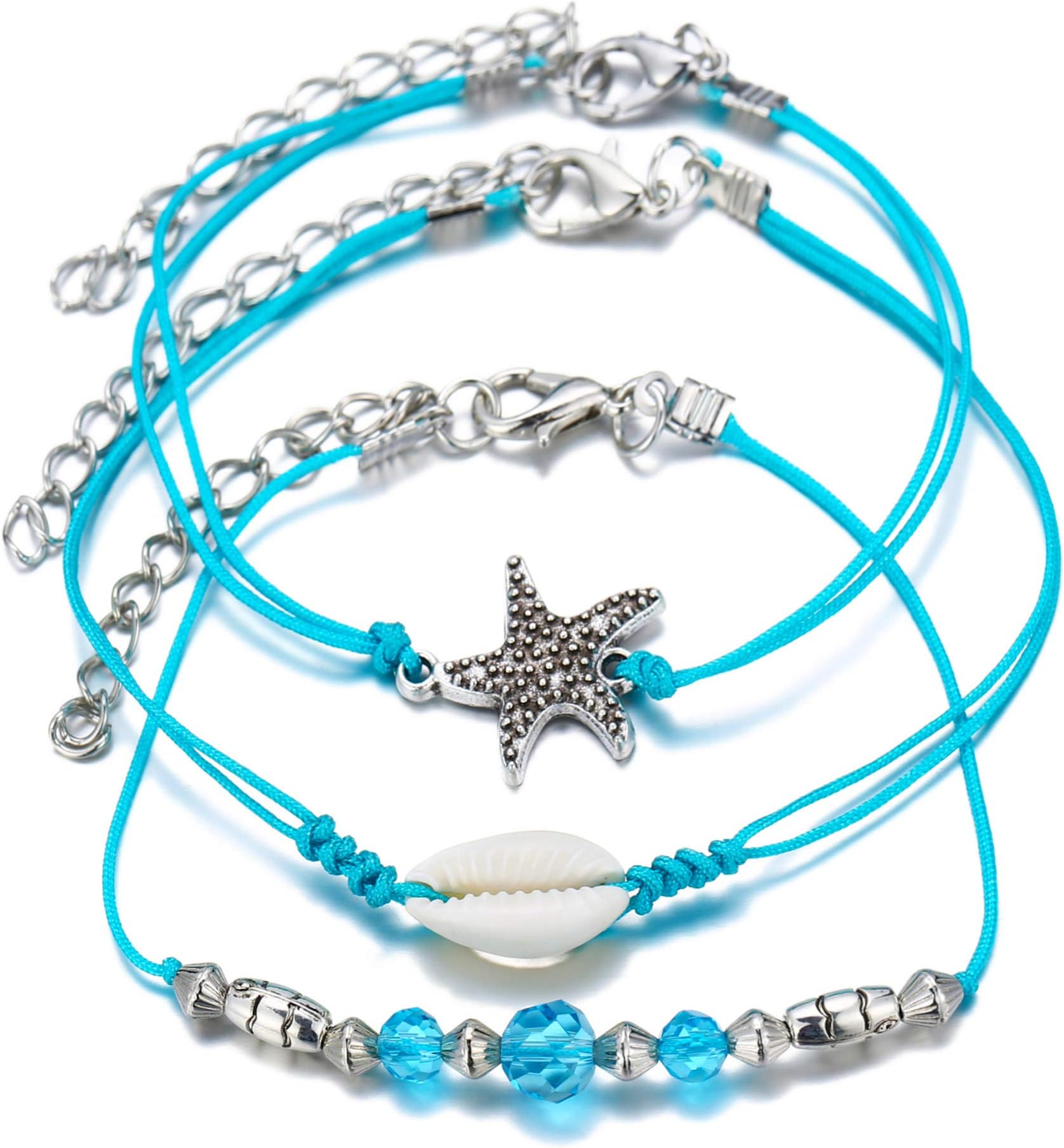 Creative Bohemian Retro Starfish Shell Blue Beads Beach Anklet Set Three-Piece Set For Women Girl Summer Foot Accessories Decoration