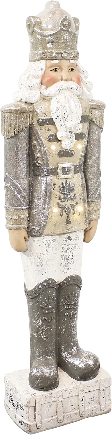 Nutcrackers - Sunnydaze Alexei The Defender 36-Inch Ceramic Silver Indoor/Outdoor Nutcracker Statue with LED Light