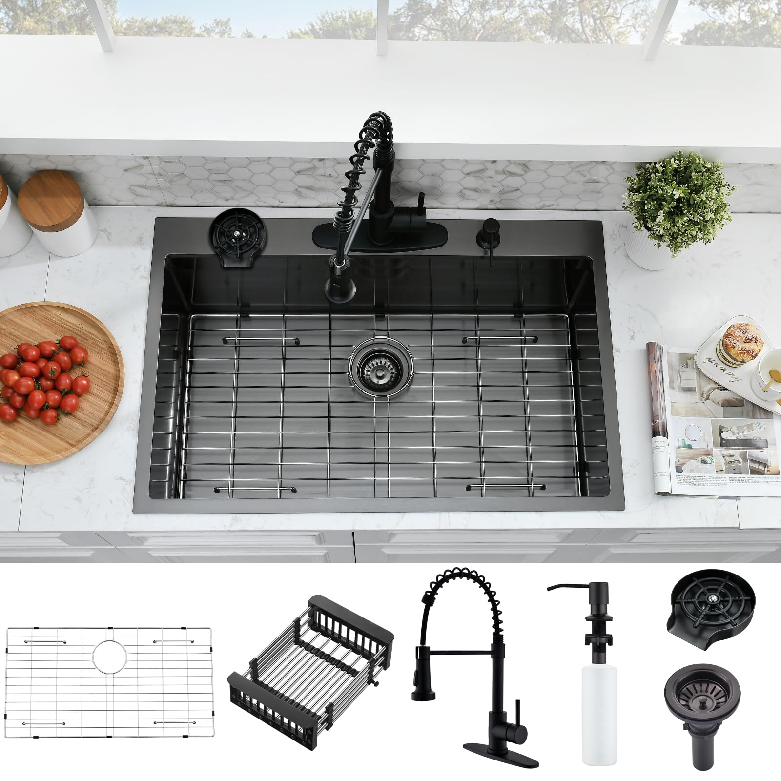 Photo 1 of **MISSING PARTS**
SOMRXO 30×22 Drop In Kitchen Sink with Faucet Combo - Black Stainless Steel Drop In Sink with Cup Washer, 9 Inch Deep Single Bowl Sinks and Faucets Combo Set,Top Mount Design for Modern Kitchens