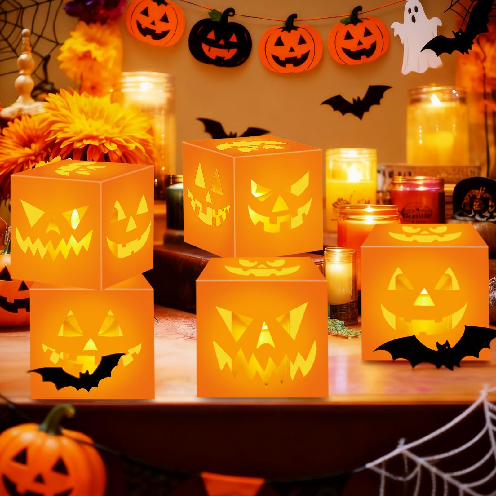Photo 1 of 20 PCS Halloween Pumpkin Boxes with Lights - Orange Light Boxes Pumpkin Grimace Patterns for Indoor Outdoor Halloween Decorations
