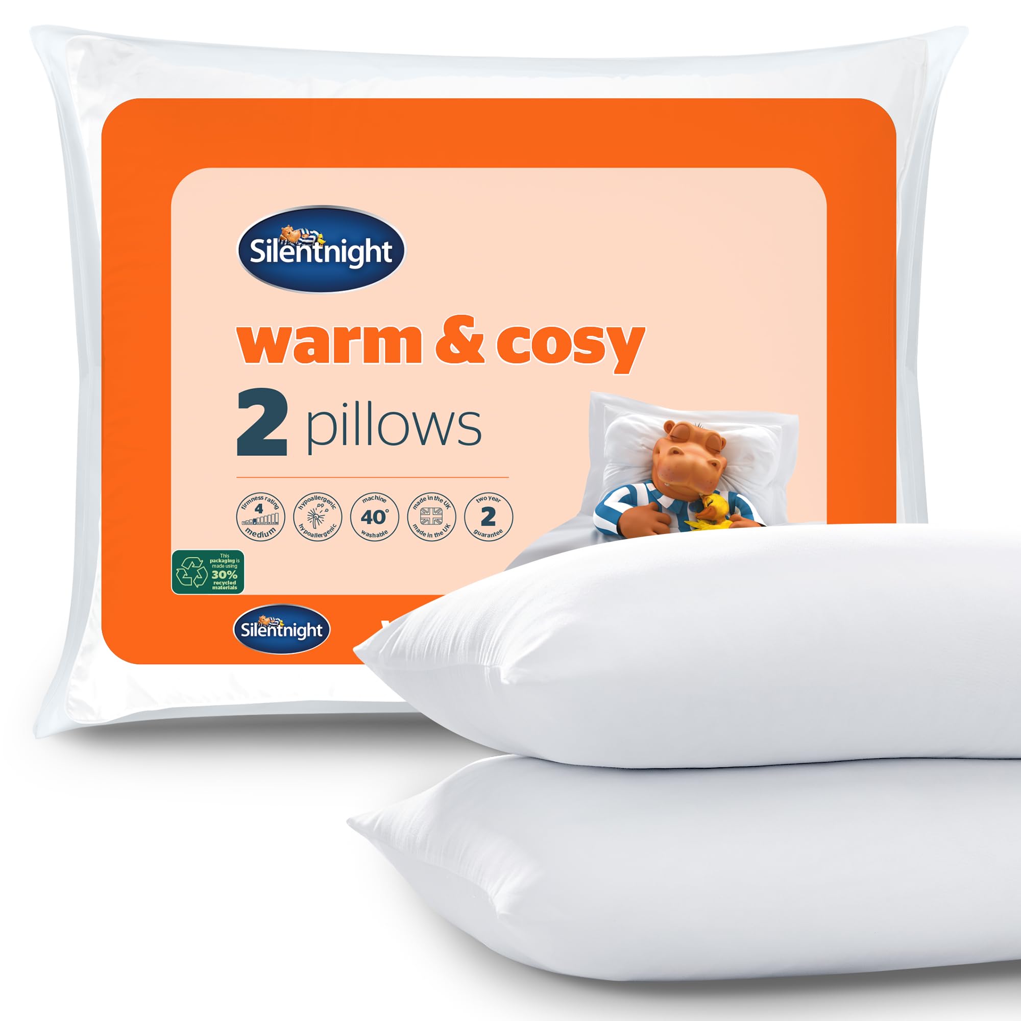 Silentnight Warm and Cosy Luxury Hypoallergenic Hotel Pair with Microfibre Filling Machine Washable Thick Pillows Polyester Cover, White, Pillow Pair
