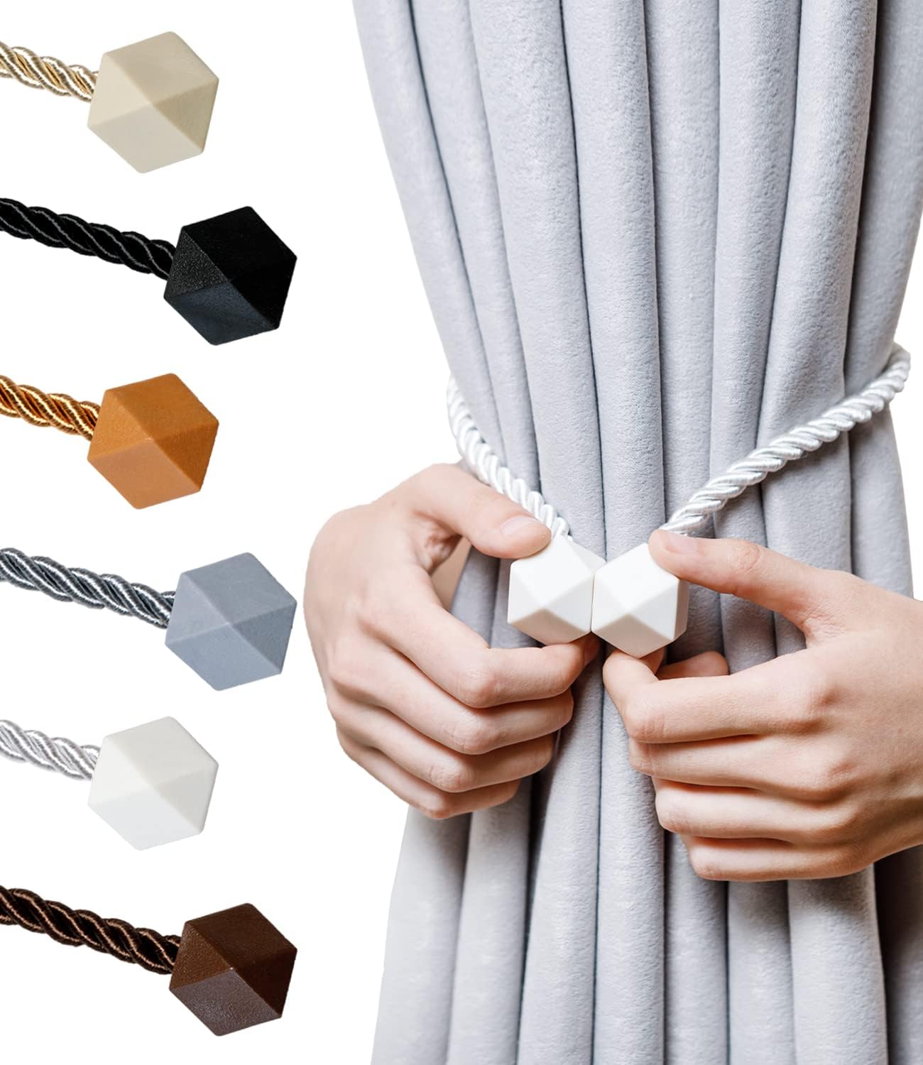 Window Treatment Hardware - NazTur Magnetic Curtain Tiebacks- Upgrade 2022 with a Thicker Twist Rope & Strong Magnet Tieback Window Treatment Holdbacks Draperies Holders Decorative Drape Handmade Tie Back (White, 2)