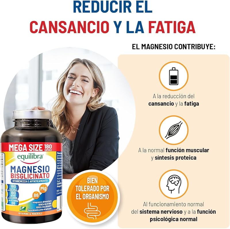 Bisglicinato de Magnésio, 180 cápsulas, 250mg, com vitamina B6, fornecimento de 6 meses, vegan, para cansaço e fadiga, sistema nervoso, função psicológica, sem glúten