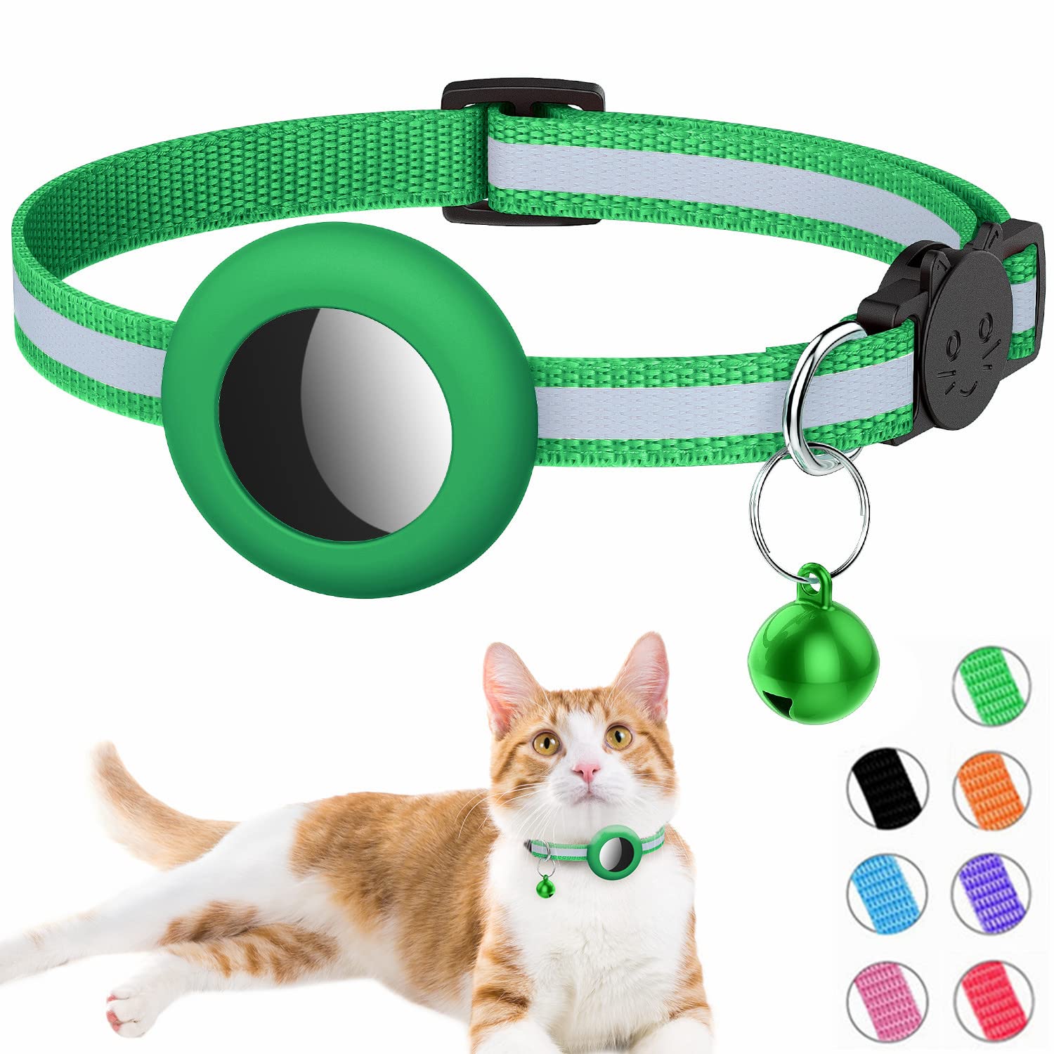 Airtag Cat Collar, Reflective Air tag Cat Collar with Bell and Prefect Size Waterproof Airtag Holder Compatible with Apple Airtag, Cat AirTag Collar with Breakaway Safety Buckle for Kitten (green)