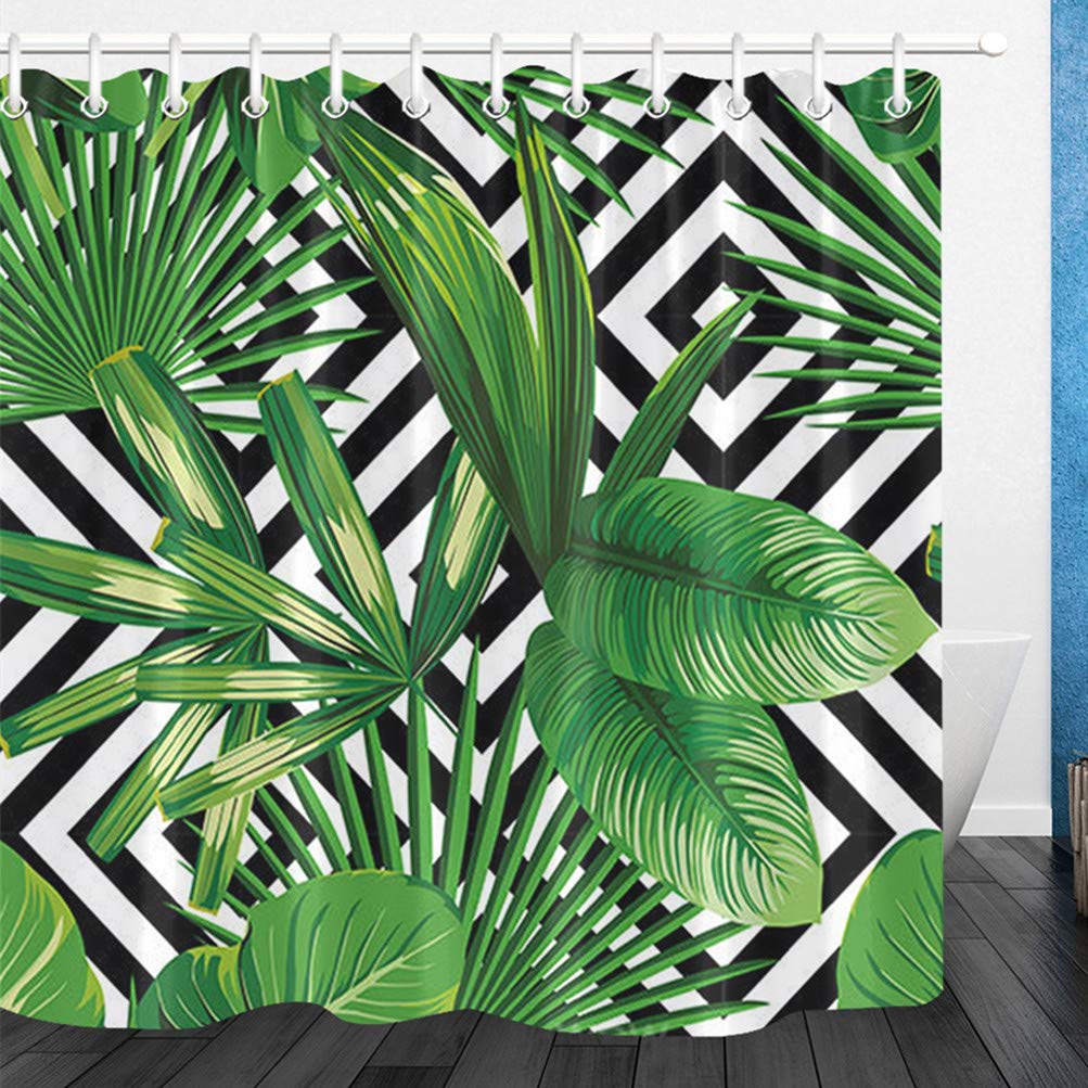 LB Green Shower Curtain with Hooks 71x71 inches- Black and White Mould Proof Resistant Waterproof Shower Curtains for Bathroom Wet Room Outdoor Garden (Leaf and Striped)