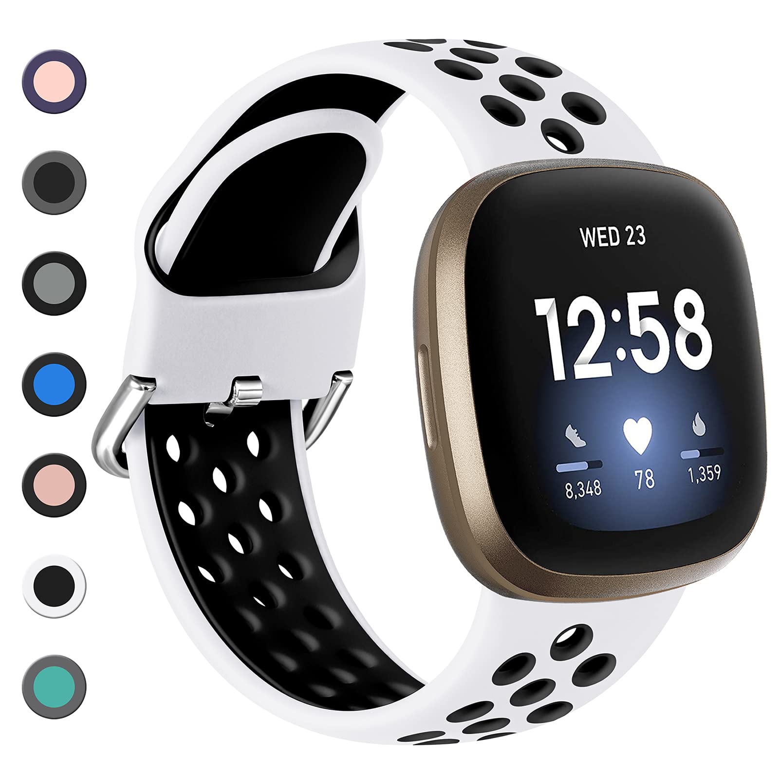 Dirrelo Compatible with Fitbit Versa 3 Strap/Fitbit Sense/Fitbit Versa 4 Strap/Fitbit Sense 2, Soft Silicone Sport Breathable Replacement for Versa 3/Versa 4/Sense 2, S White/Black