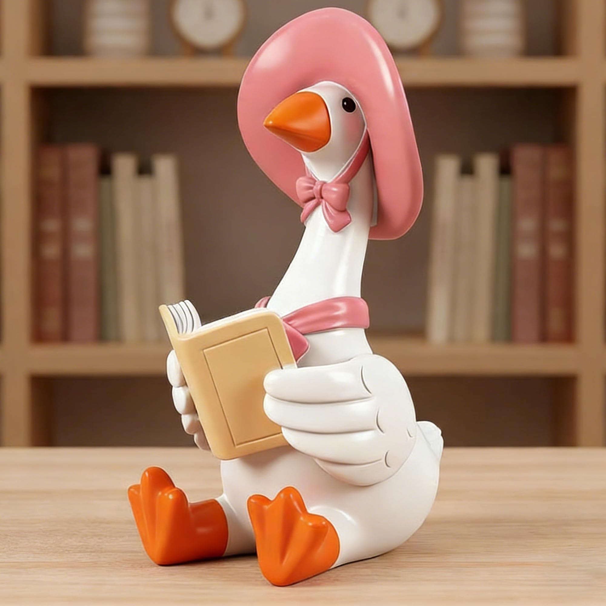 Dzpsoon Cute Desk Goose Figurine - 3 inch Mini Desktop Decor, Thoughtful Gift with Book & Pink Hat for Book Lovers, Readers, Teachers, Home & Office