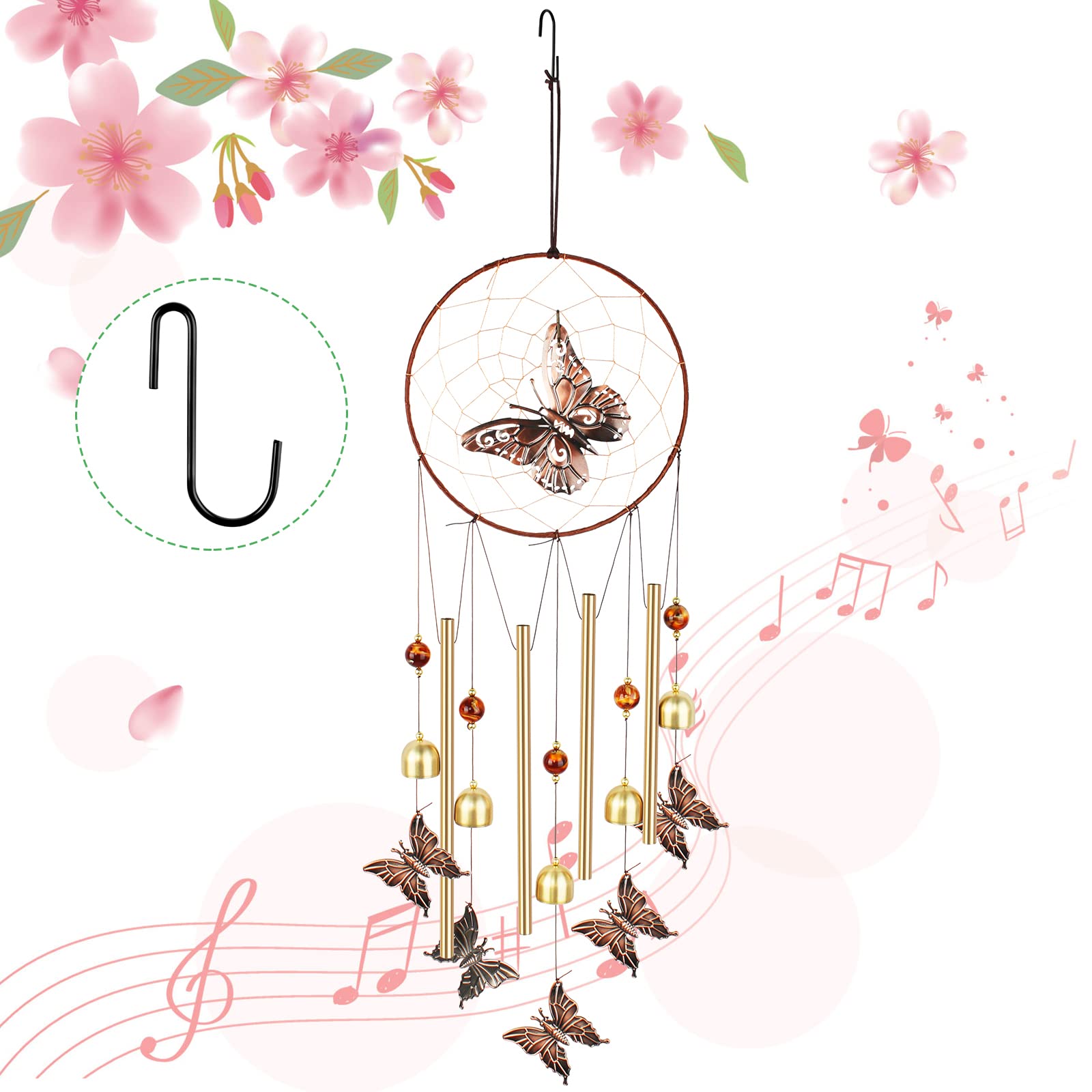 Butterfly Wind Chimes Garden Wind Chimes Outdoor Memorial Wind Chime with Hook for Home Garden Decoration, Memorial Gifts for Mom, Girlfriend, Friend