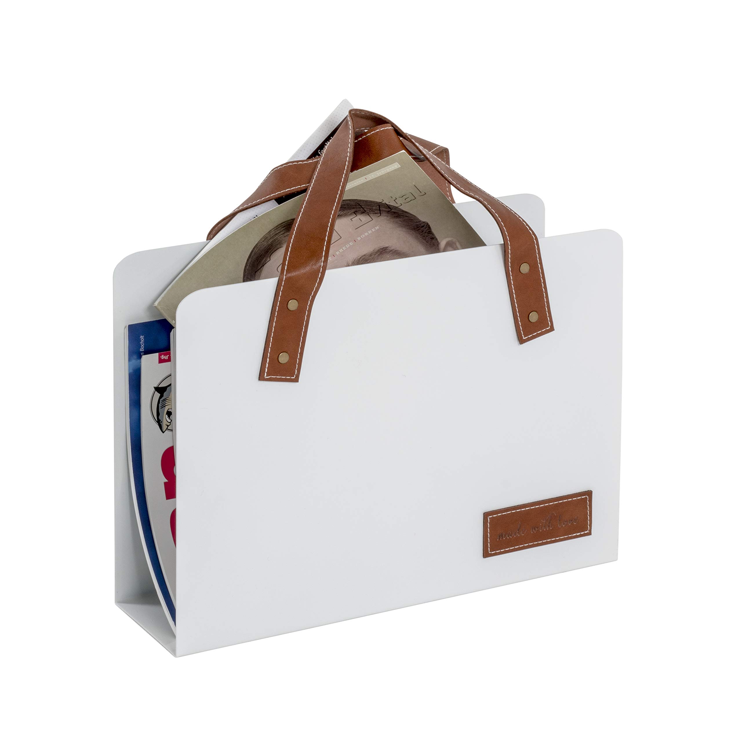 HAKU Magazine Rack Brown, White, Synthetic Fabric With Leather Look, Metal - Dim.: W 35 cm X H 38 cm X D 10 cm, Style: Modern