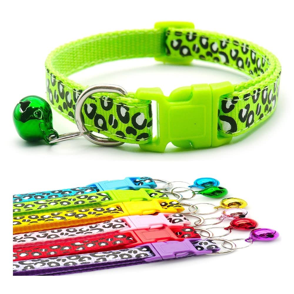 Small Dog Puppy Pet Collar Leopard Animal Print Design with Bell Nylon Adjustable Size 19-32cm Green