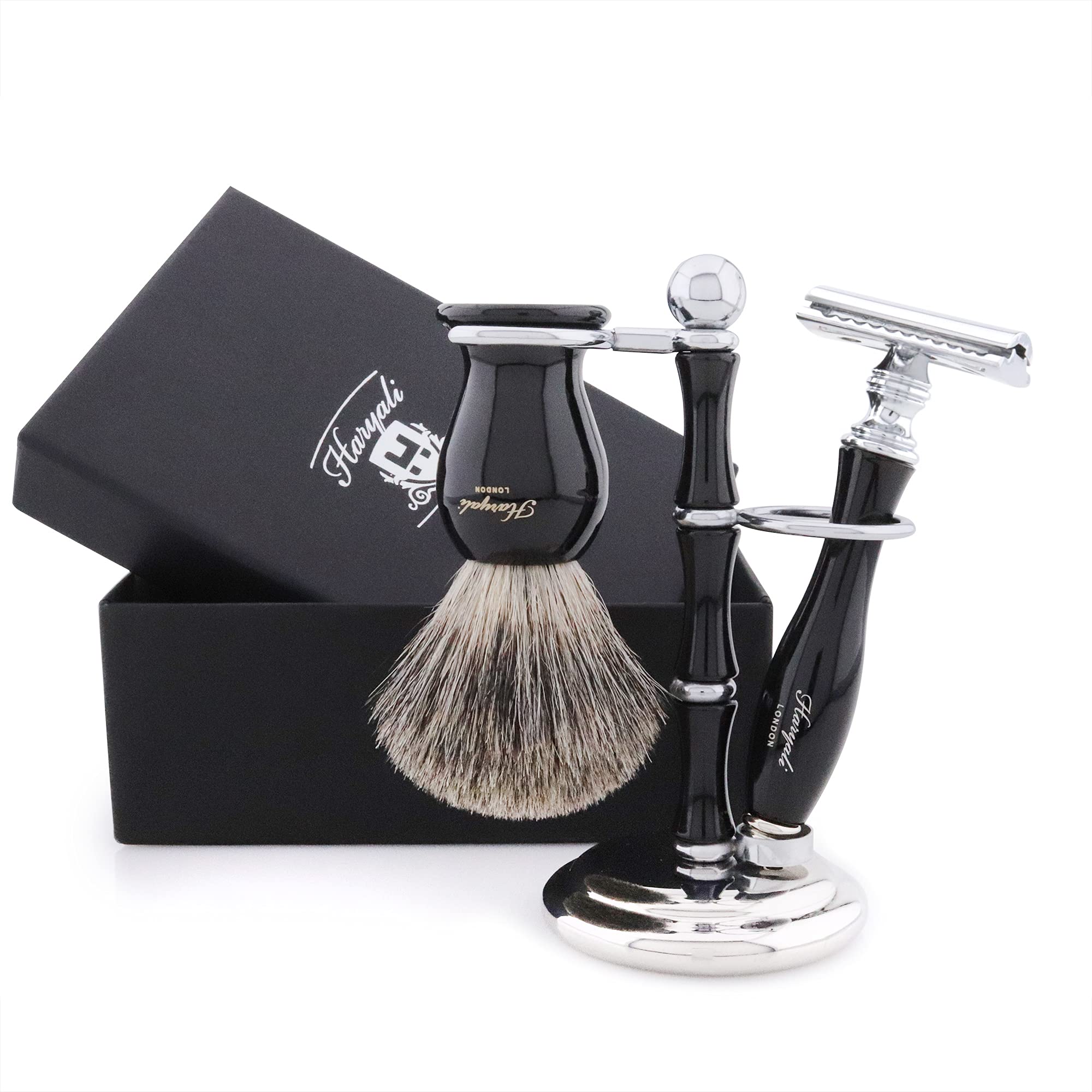 Haryali London, 3pcs Double Edge Safety Razor, Shaving Kit for Men, Best Badger Hair Shaving Brush & Stand – Traditional Shaving Kit, Wet Shave Gift Set