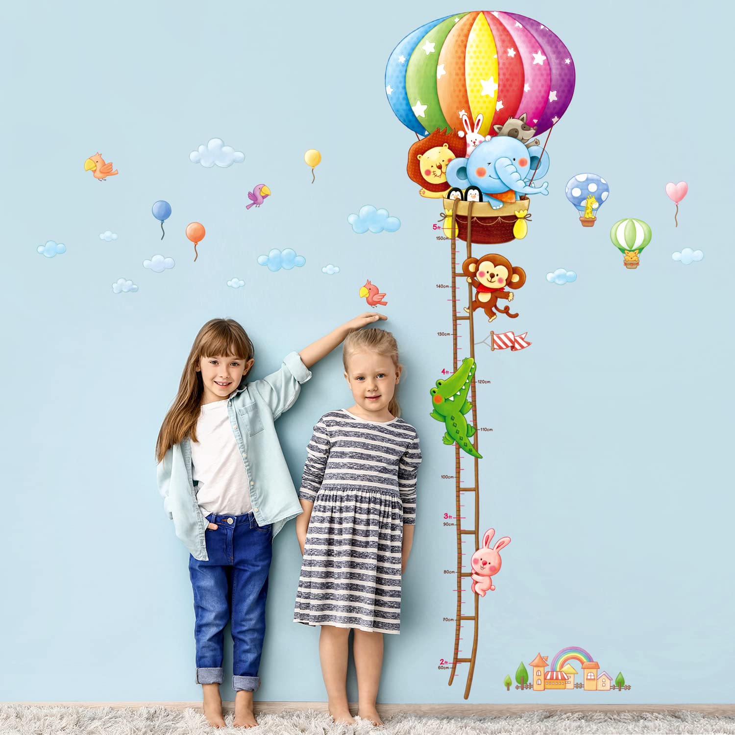 DECOWALL SG2-1606 Animal Hot Air Balloon Height Growth Chart for Kids Wall Stickers Cute Monkey Watercolor Decals Removable for Nursery Bedroom Living Room Art murals Decorations
