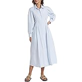 D-Sun Women's Maxi Shirt Dress Striped Button Down Maxi Dress Casual Long Sleeve V Neck Pleated Long Shirt Dresses