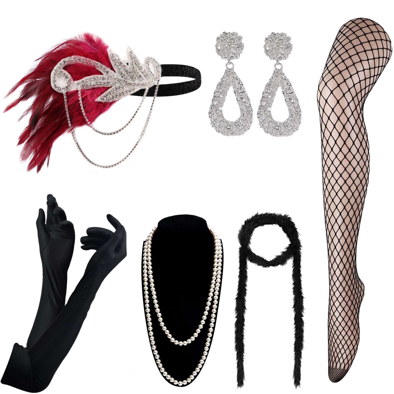 DRESHOW 1920s Accessories Headband Necklace Gloves Flapper Costume Accessories Set for Women