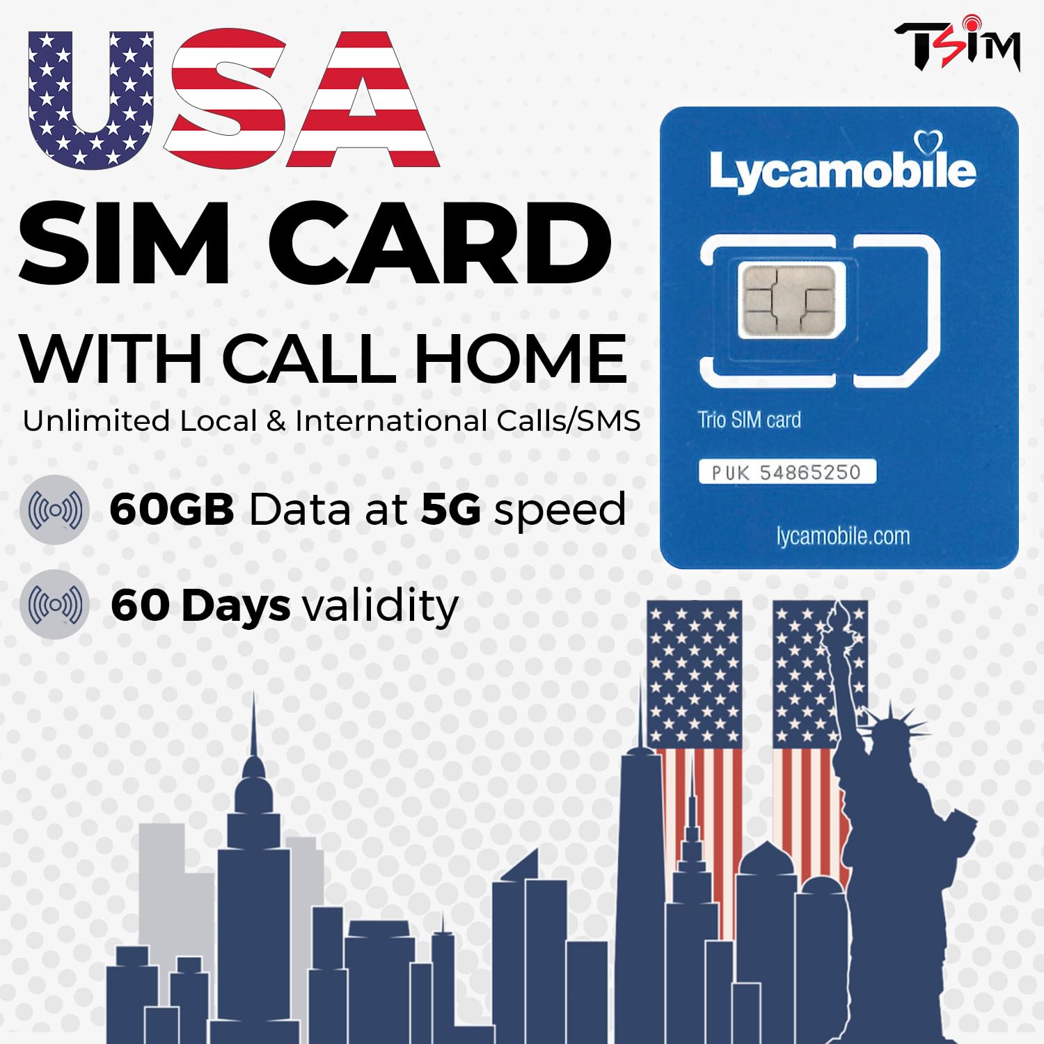 USA SIM Card for travel to the US. Unlimited Local and International calls/texts. Call home for free! Updated 5G Plan with Hotspot/Tethering! (60GB x 2 month)