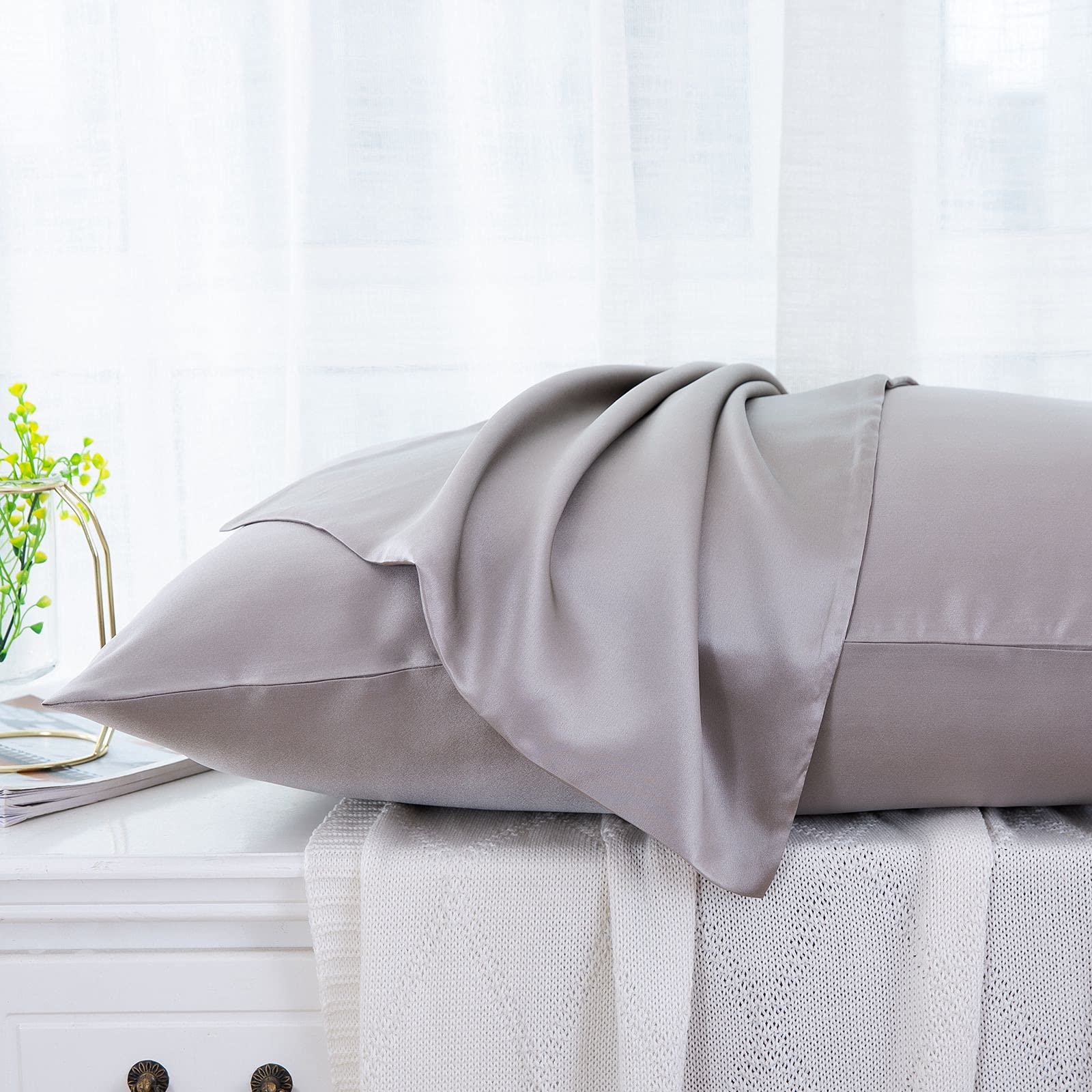 BEFIR 100% Mulberry Silk Pillowcase for Hair and Skin , Both Sides Feature Genuine Nature Pure Silk, Super Soft and Breathable Pillow Covers with Hidden Zipper (50x90 cm,Dark Grey)