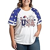 4th of July Shirts Women Plus Size:USA Color-Blocking Short-Sleeve American Flag Crew Neck Graphic T-Shirt