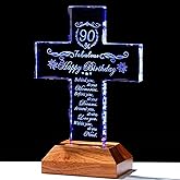 90th Birthday Cross Gifts for Women Men, Standing Glass Cross with LED Wooden Base for Grandma Grandpa, 90 Year Old Birthday Religious Presents for Mom Dad, 90th Fabulous Birthday Gifts Ideas
