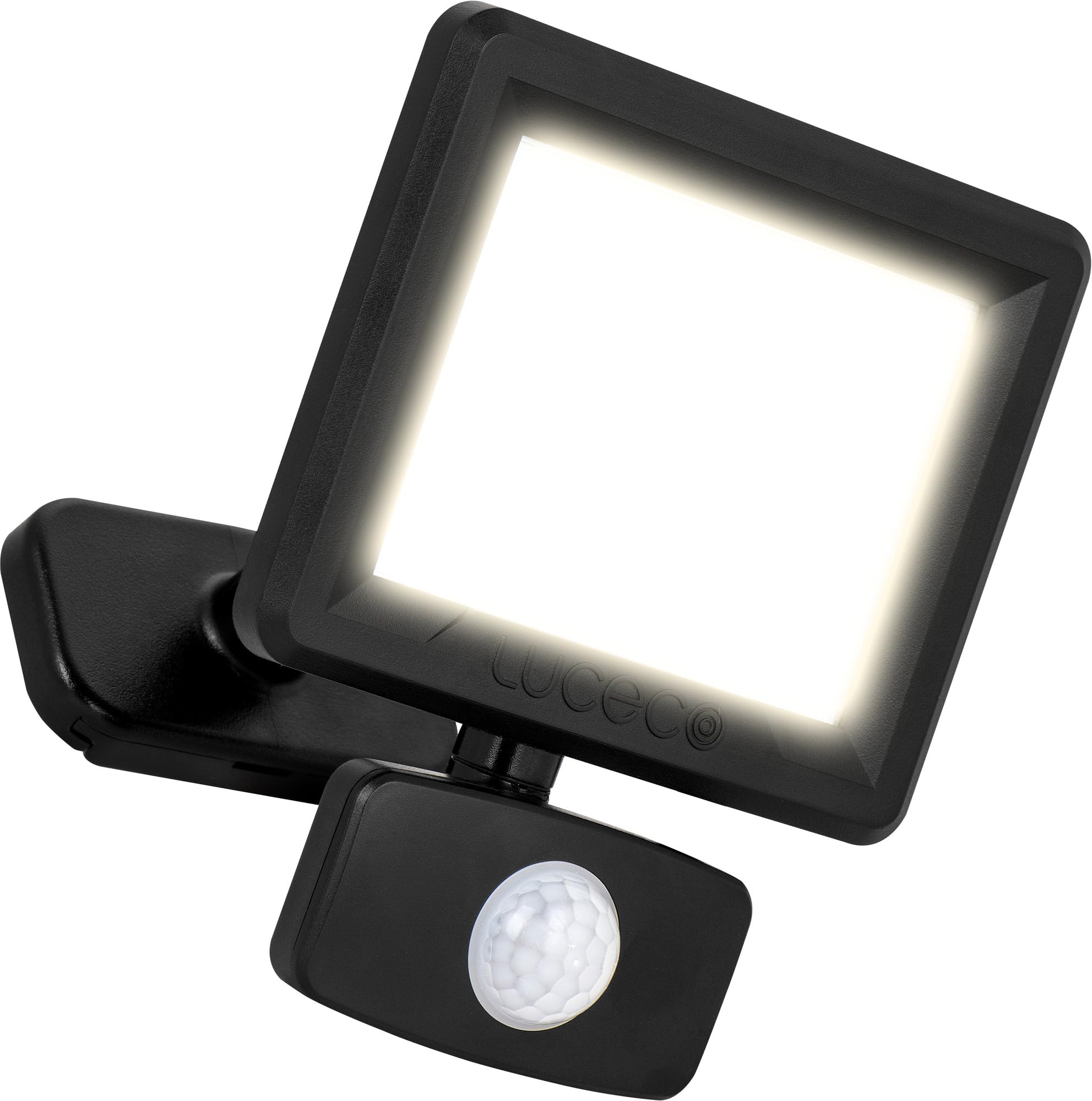 Luceco Outdoor Security LED Floodlight with PIR Motion Sensor for Driveways, Walkways and Gardens, Fit & Tilt Multi-Positioning, Exterior Lighting, Essence, Black, IP65, 10W, 1050lm, 4000K, EFLD10B40P