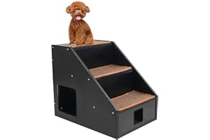 Stonehomy 3 Tiers Wooden Dog Stairs for High Beds Couch, Extra Wide Dog Steps Multifunctional Dog Window Perch with Nonslip Pad & Inner Play Space for Cats/Small Medium Dogs