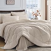 HEVUMYI Beige Tan Queen Comforter Set - 7-Piece All Season Bed in a Bag Queen, Ultra Soft Bedding Set with Comforter, Flat Sheet, Fitted Sheet, Pillowcases, Pillow Shams, Beige Tan
