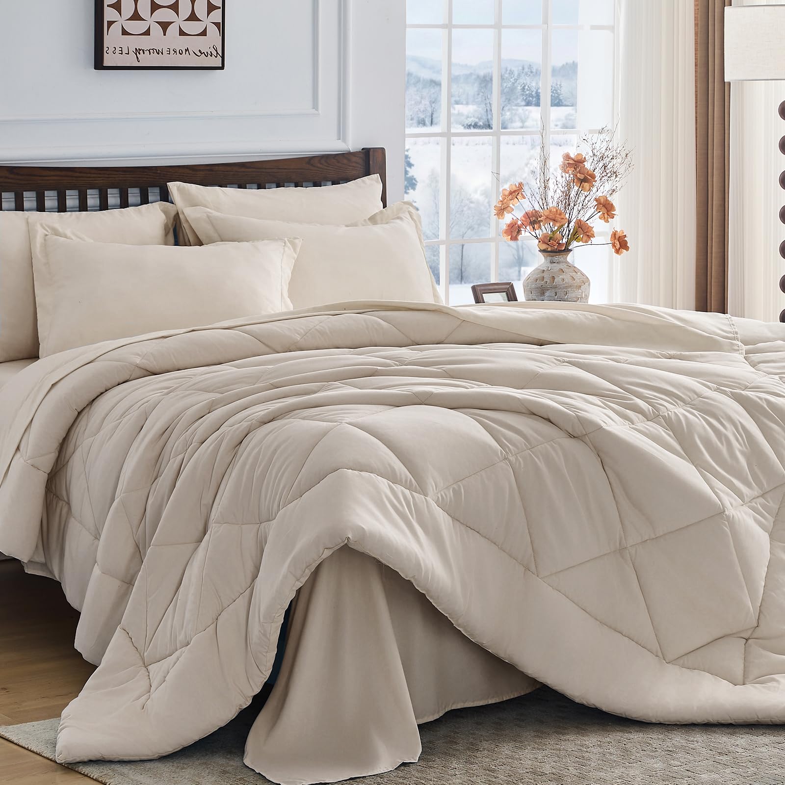 HEVUMYI Beige Tan Cali-King Comforter Set - 7-Piece All Season Bed in a Bag Cali-King, Ultra Soft Bedding Set with Comforter, Flat Sheet, Fitted Sheet, Pillowcases, Pillow Shams, Beige Tan Image