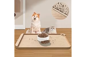 RAOUOEN Silicone Dog Food Mat With Residue Collection Pocket - Waterproof Pet Feeding Mat for Cats and Dogs, Raised Edges, Hooks, Placemats for Water Bowl