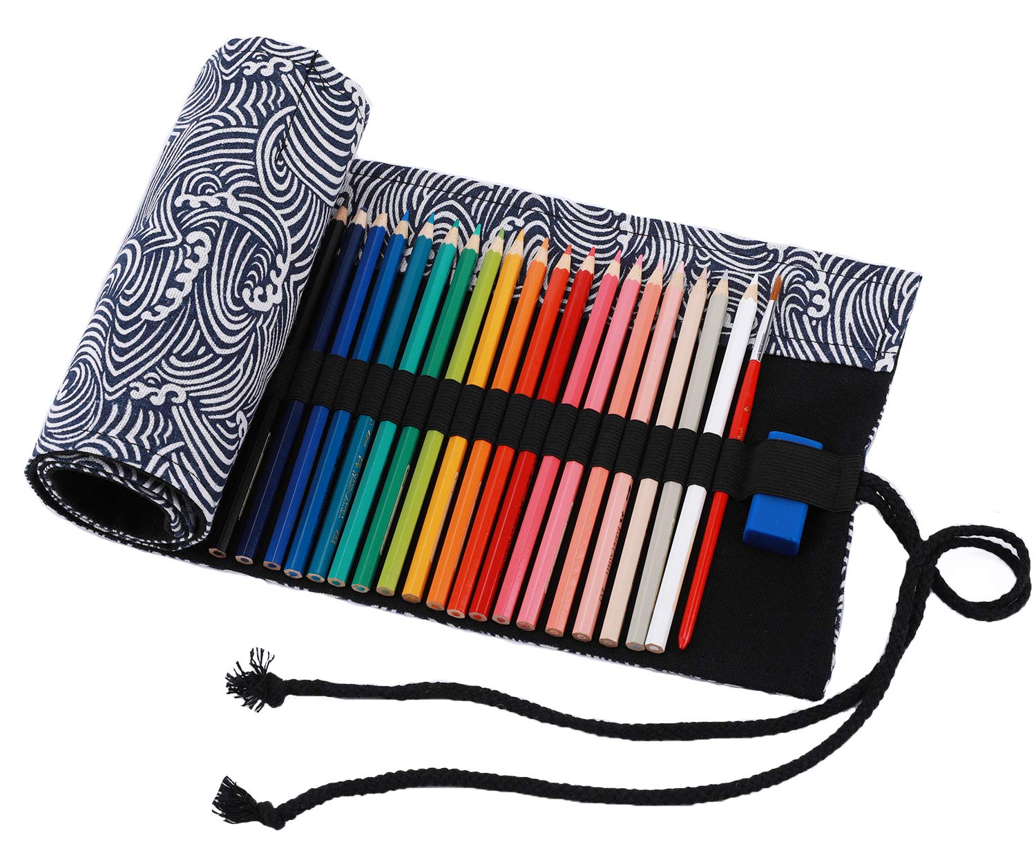 Amoyie Roll Up Pencil Case for 72 Coloured Pencils, Colouring Pens Organiser Bag, Canvas Artist Wrap, Blue Ocean Wave