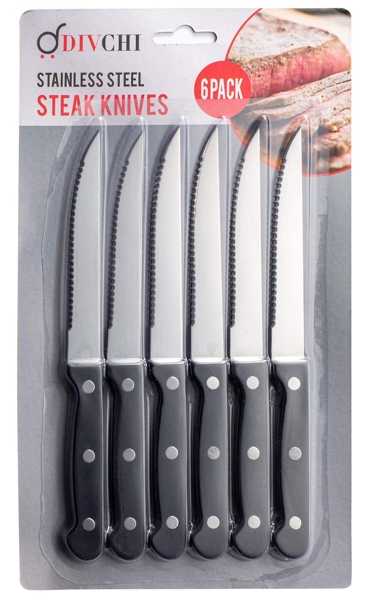 DIVCHI Steak Knives Set of 6 - Serrated Stainless Dinner Knives - Dishwasher Safe