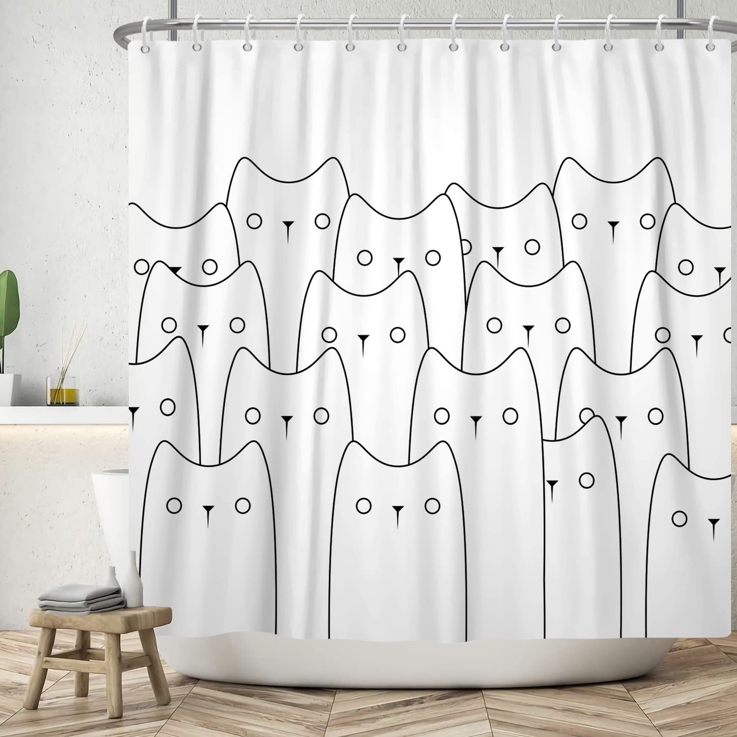 Ttincceer 60x72inch Abstract Cat Bath Curtain Stick Figure Hand Drawn Funny Cat Head Shower Curtain Set Abstract Animal Bathroom Decoration Waterproof Bathtub Curtain, 152x183cm