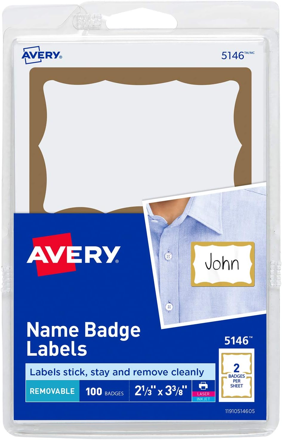 Avery Gold Border Name Badge Labels, 2.343 x 3.375 Inches, Pack of 100