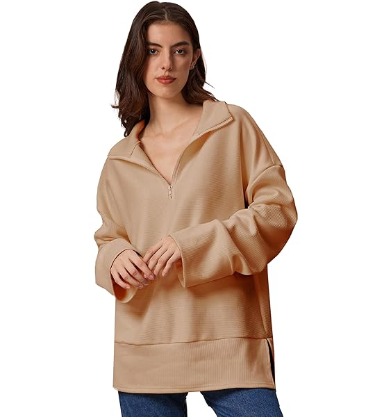 LANMIA WOMEN’S OVERSIZED 1/4 ZIP COLLAR PULLOVER SWEATER LONG SLEEVE SPLIT HOODIE SWEATSHIRTS KNITTED RIBBED CASUAL JUMPER TOPS (KHAKI,S)