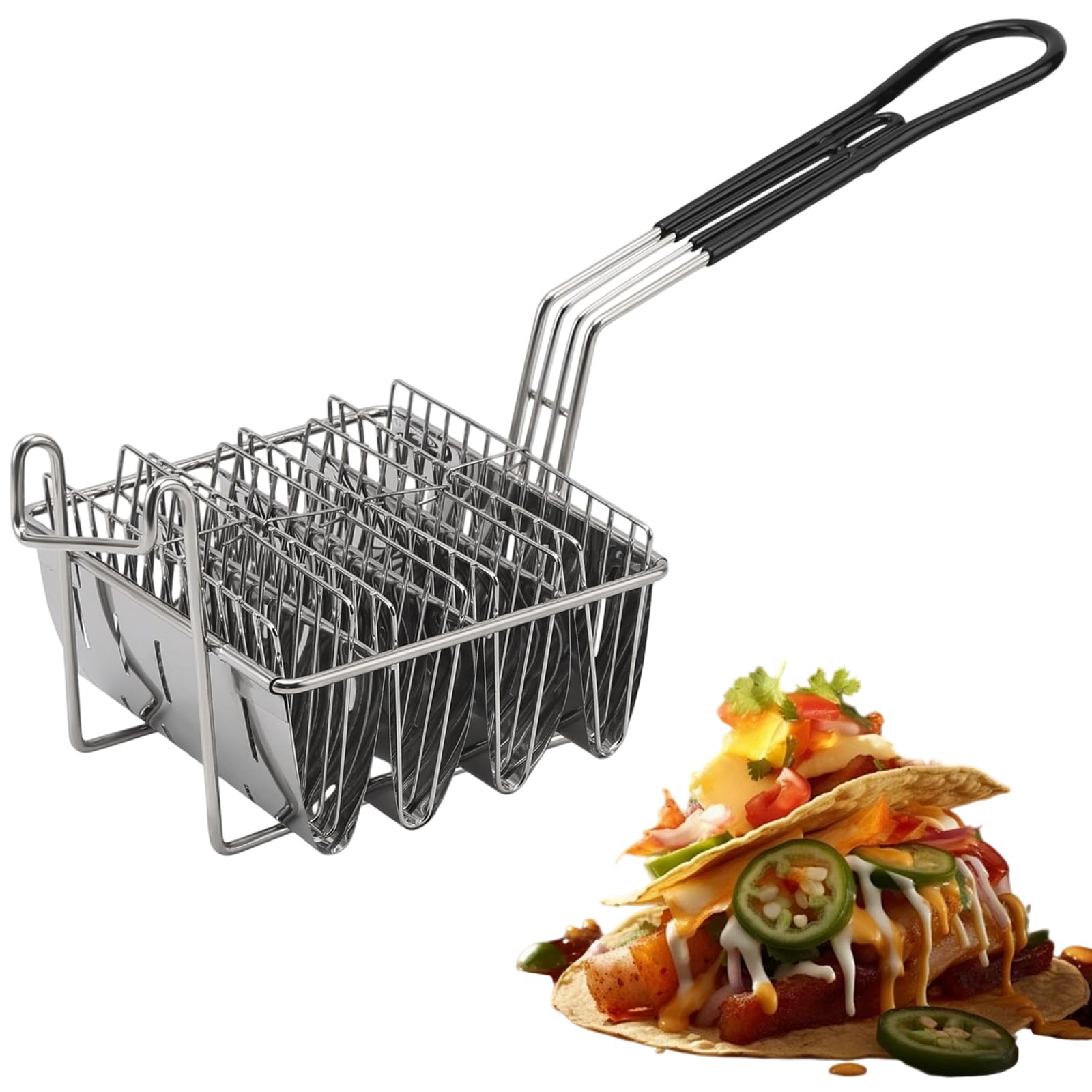 Photo 1 of FAMKIT Tortilla Fry Basket, 4 Shells Taco Fryer Basket, Food Grade Stainless Steel Kitchen Deep Fryer Taco Holder V-Shaped Taco Shell Mold with with Grip Handle for Kitchen Fried Chicken Shops