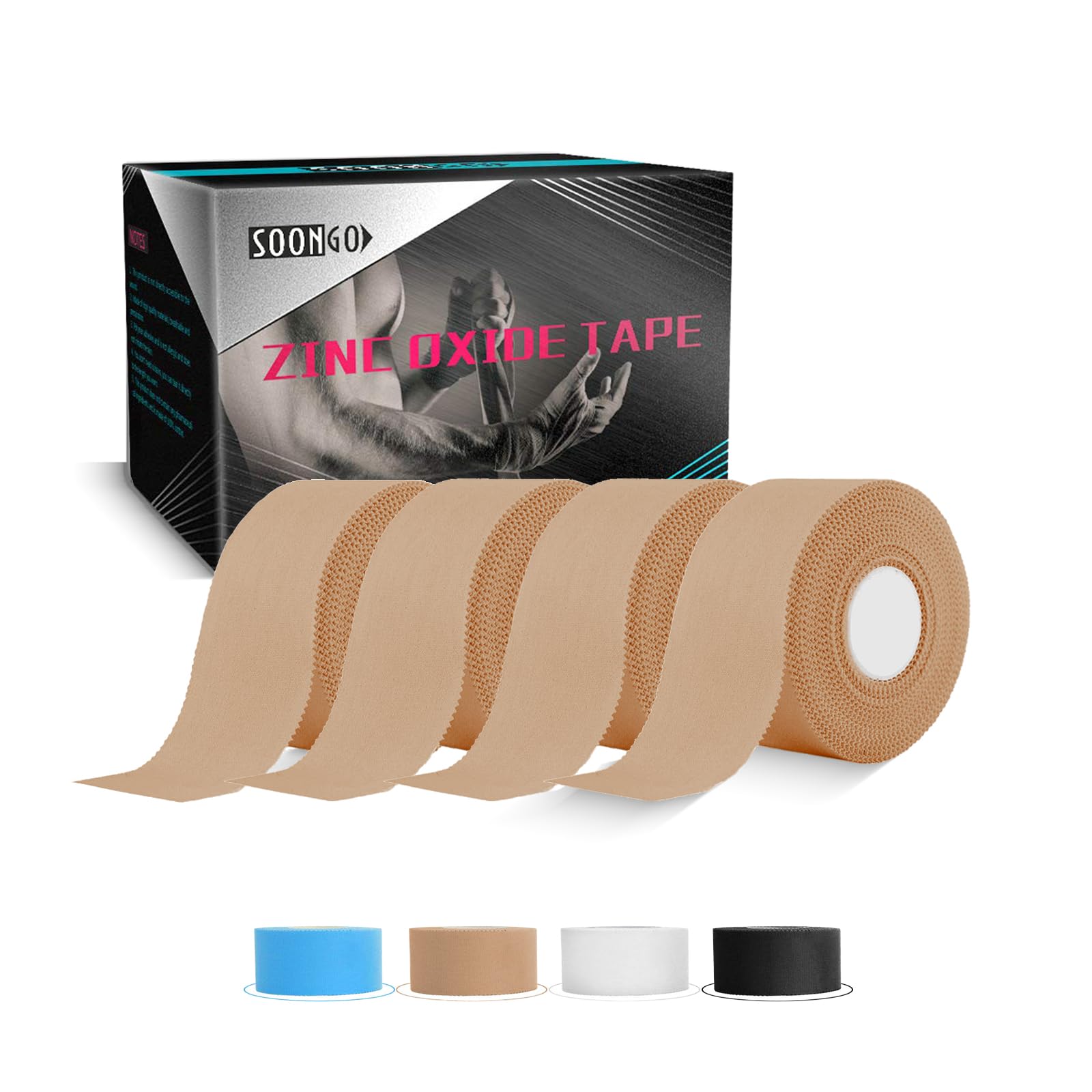 SOONGO Zinc Oxide Tape 2.5cm x 10m Beige 4 Rolls Sports Strapping Athletic Tape Inelastic Provide Maximum Support Fixed Joint Good Viscosity Hypoallergenic