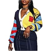 RoseSeek Women's Color Block Cropped Cardigan Button Down Long Sleeve Knit Sweaters Streetwear Outerwear