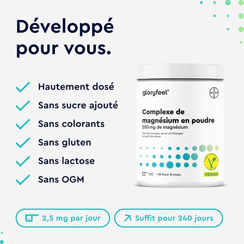 Complexe de magnésium en poudre 600g - Bisglycinate, citrate & malate hautement dosé - Solubilité rapide - Pour les muscles, les nerfs & l'équilibre électrolytique* - Goût citron - 100% pur — photo 6 sur 8