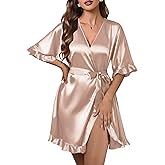 Ekouaer Silk Robes for Women Short Lightweight Bathrobe Ruffled Satin Kimono Robes Sexy Bride Bridesmaid Sleepwear