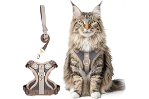 Muecleao Leather Accented Cat Harness and Leash, Escape Proof Breathable Mesh Vest, Adjustable Soft Padded for Comfort, Refle