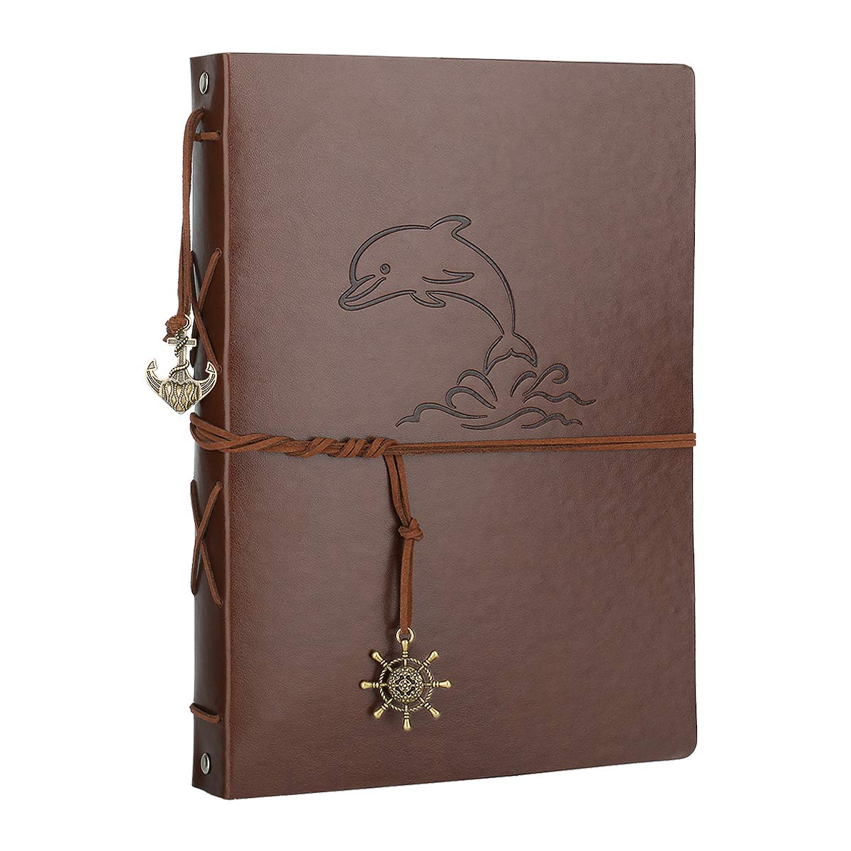 Photo Album Scrapbook, AIOR Vintage Leather Scrap Book with 60 Black Pages, DIY self adhesive Memory Guest Book, Birthday Presents for Mum Dad, Wedding Anniversary Present for Men Women, Dolphin