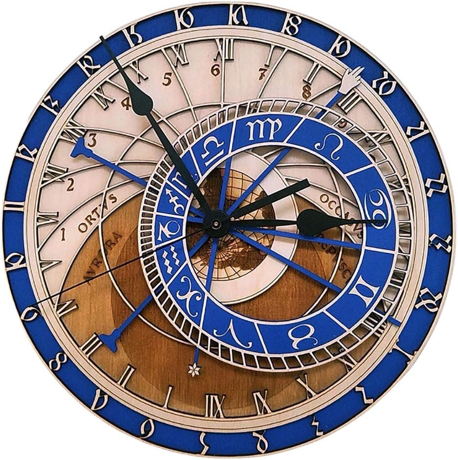 Douup Reloj De Pared Astronómico De Praga De 12 Pulgadas, Reloj De Pared Decorativo Silencioso De Madera Hace Tictac, Cocina Rústica Rústica del País del Diseño del Vintage,Blue