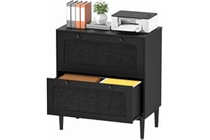 Skokliz Black Lateral File Cabinet with 2 Drawers, Rattan Filing Cabinet with Adjustable Hanging Bar, Printer Stand & Home Of